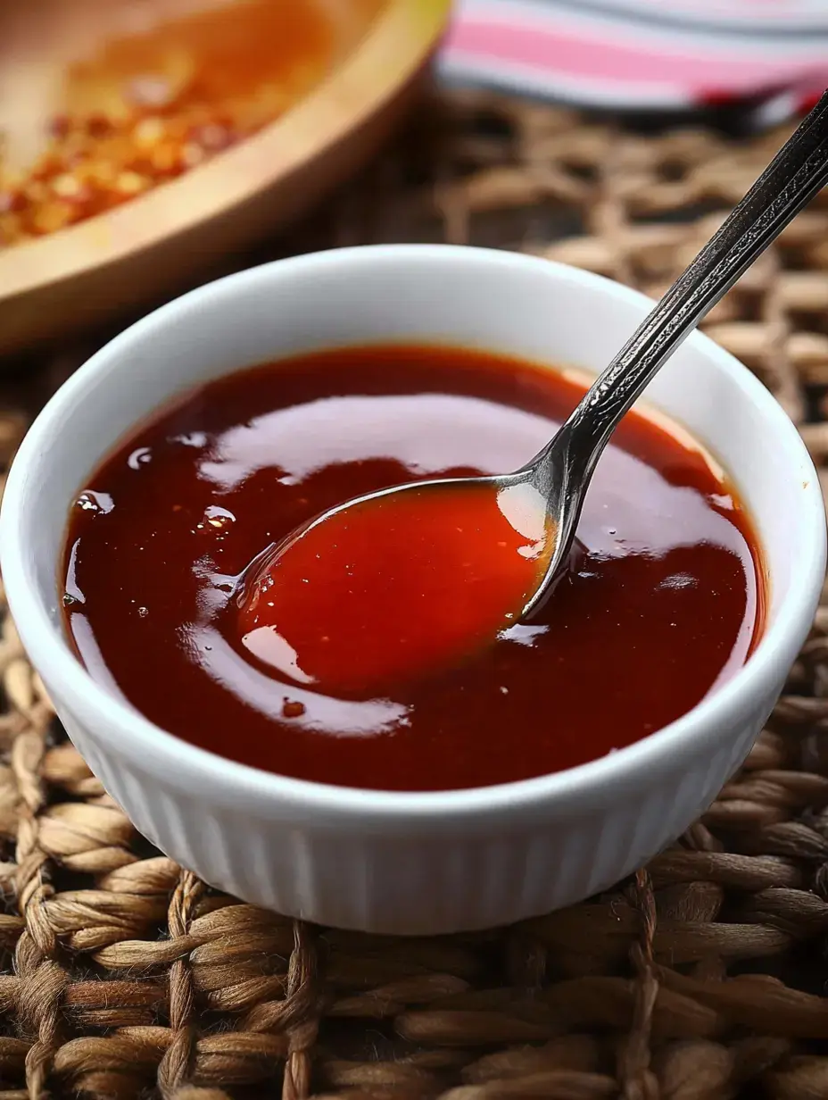 A small white bowl filled with glossy red sauce, accompanied by a silver spoon, sits on a woven surface.