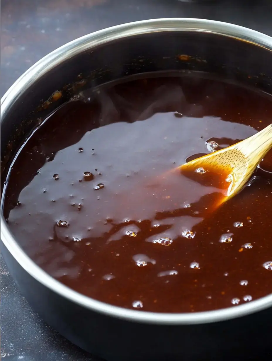 A close-up of a pot filled with thick, bubbling dark sauce and a wooden spoon resting inside.