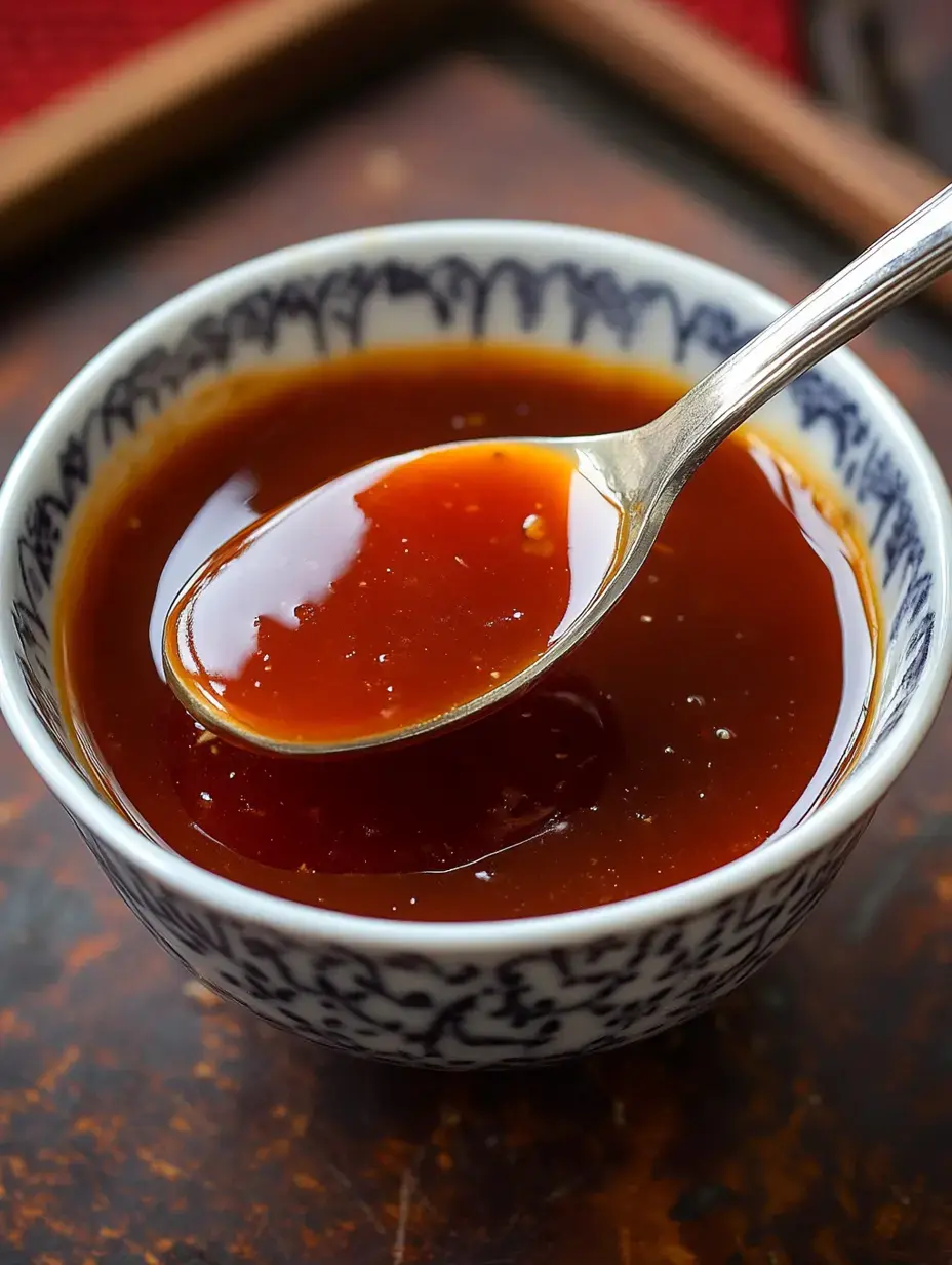 A silver spoon is resting in a small, patterned bowl filled with a glossy brown sauce.