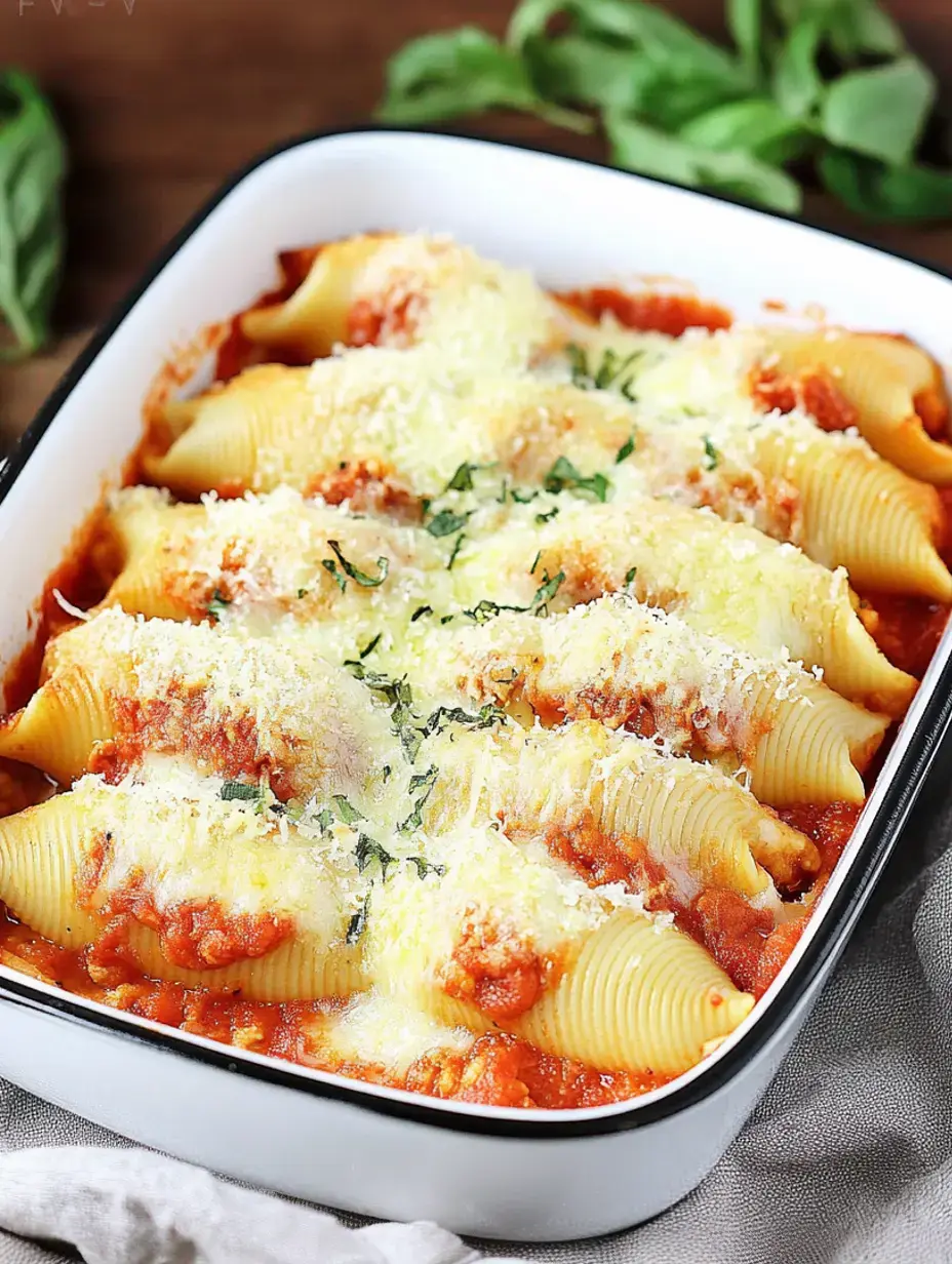 A dish of stuffed pasta shells topped with cheese and herbs, baked in a rich tomato sauce.