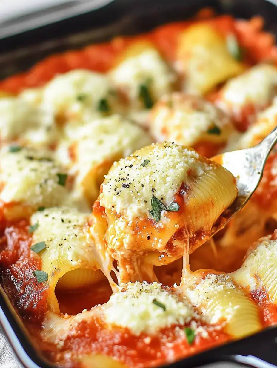 A fork lifts a cheesy baked pasta shell with marinara sauce and herbs from a dish filled with more pasta, cheese, and sauce.