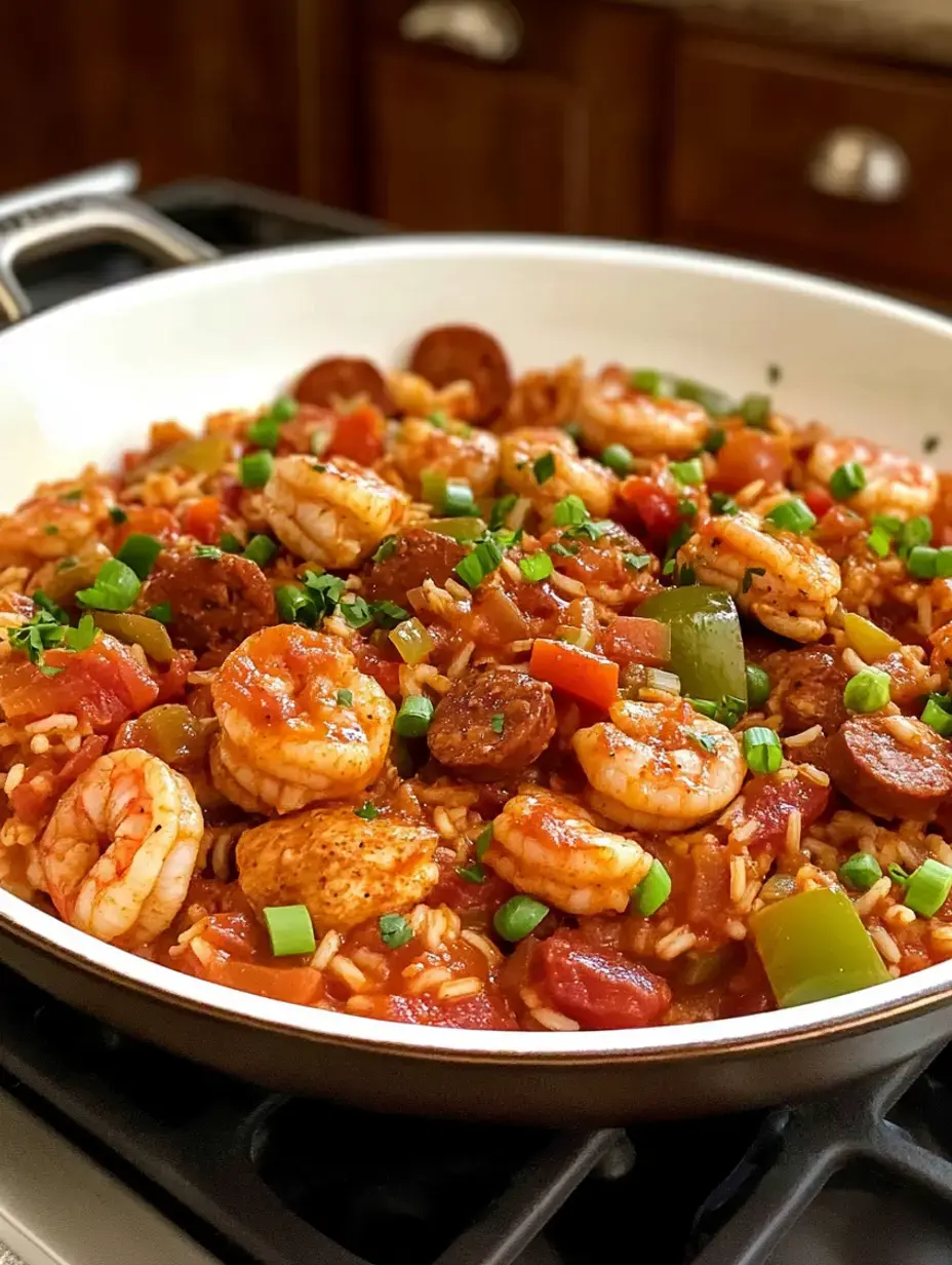 A colorful dish of shrimp, sausage, rice, and vegetables in a tomato sauce, garnished with chopped green onions, served in a skillet.