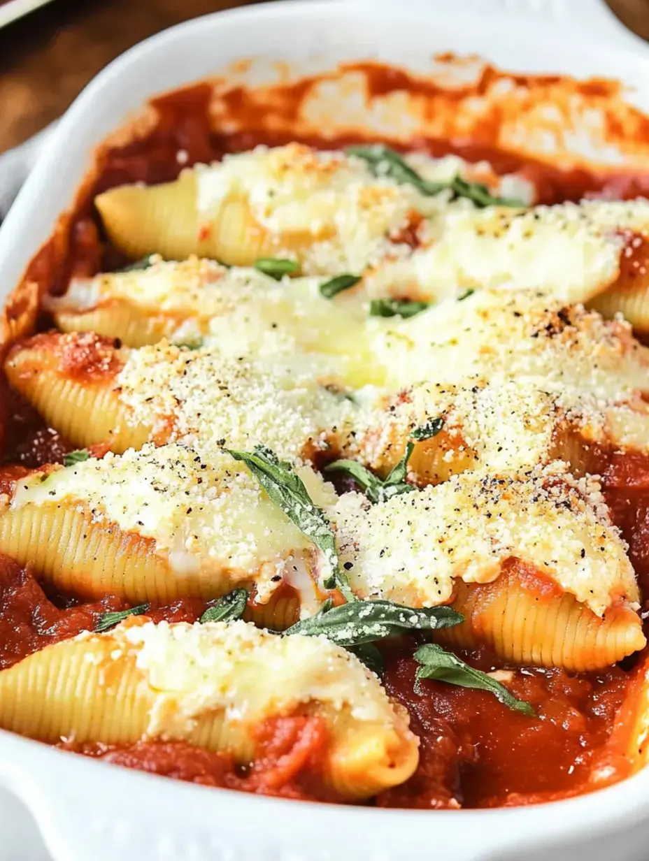 A close-up view of baked pasta shells filled with cheese and herbs, topped with marinara sauce and sprinkled with grated cheese.