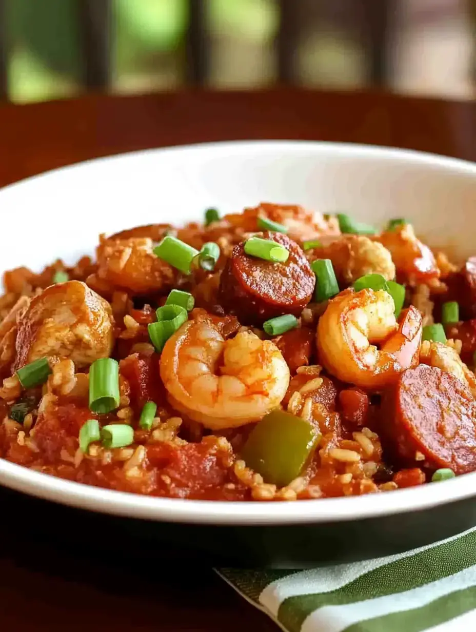 A bowl of vibrant shrimp and sausage jambalaya, garnished with chopped green onions, sits on a wooden surface.