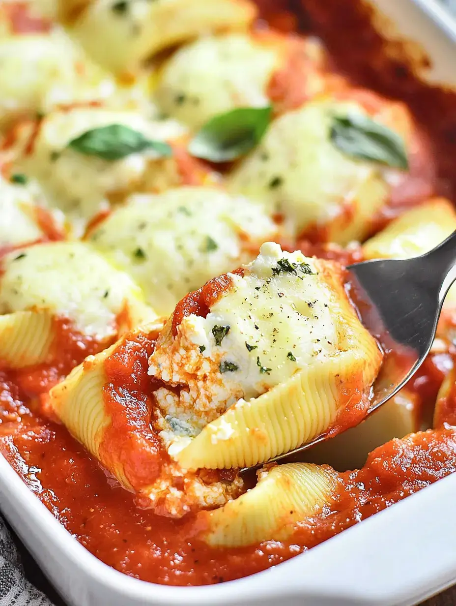 A serving of stuffed pasta shells topped with melted cheese and basil in marinara sauce.