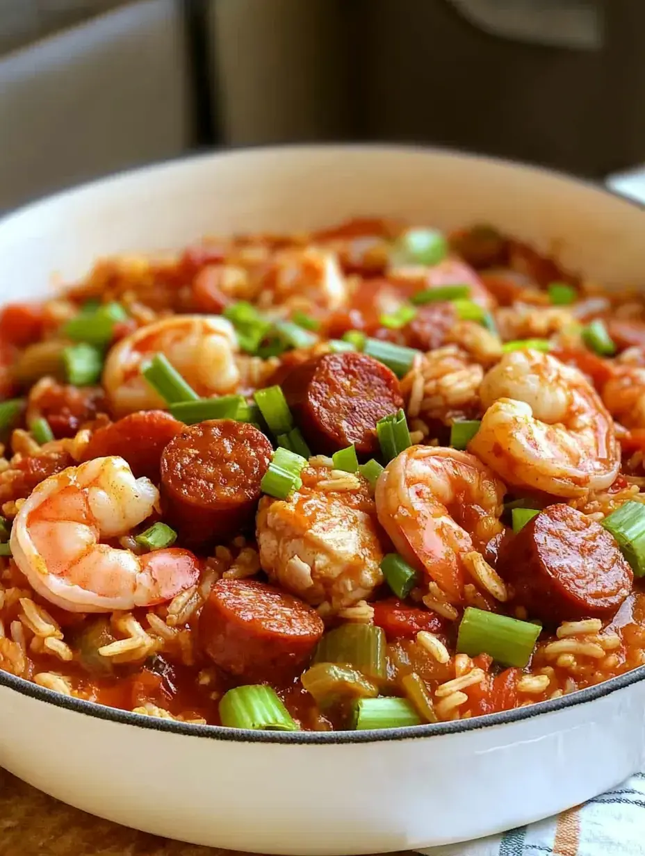 A close-up view of a dish featuring shrimp, sausage, and rice with green onions on top.