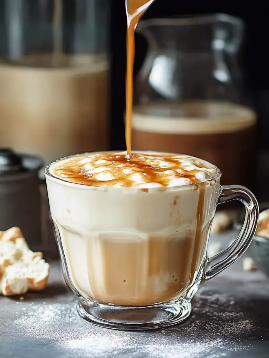 A glass mug filled with creamy coffee topped with whipped cream and caramel sauce, with bread pieces and a blurred backdrop.