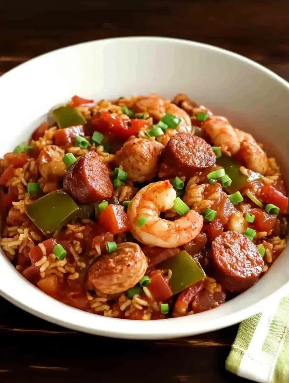 A bowl of rice topped with shrimp, sausage slices, bell peppers, and diced tomatoes, garnished with chopped green onions.