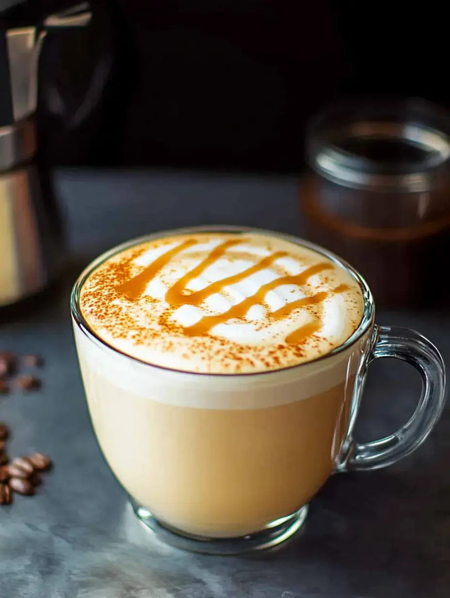 A close-up of a glass mug filled with creamy coffee topped with whipped cream and caramel drizzle, alongside coffee beans and a coffee pot in the background.