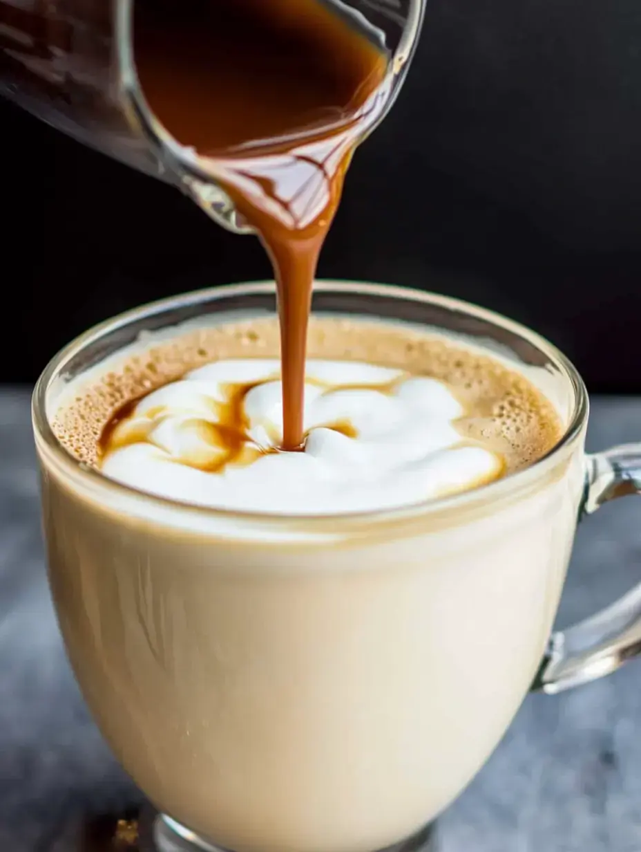 A transparent glass is shown with a creamy beverage as rich brown liquid is being poured on top, creating swirls in the foam.