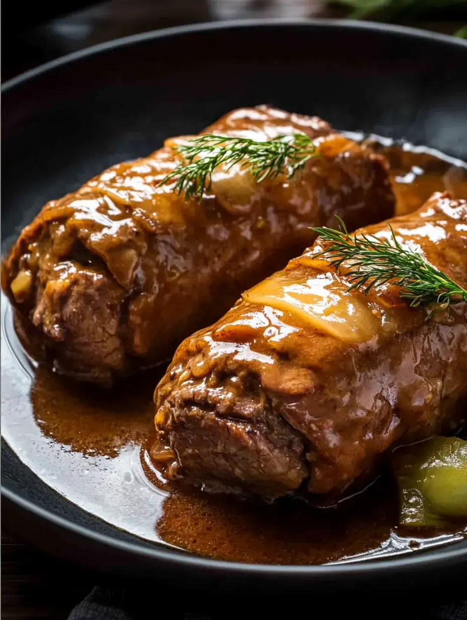 Two savory meat rolls in a rich brown sauce, garnished with fresh dill, served on a black plate.