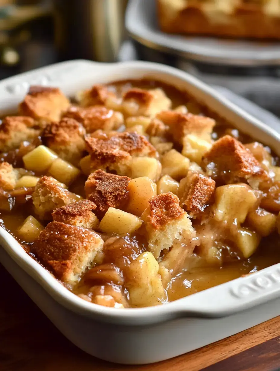 A close-up of a baked apple dessert featuring soft apple pieces and topped with golden-brown, crispy bread cubes in a white dish.