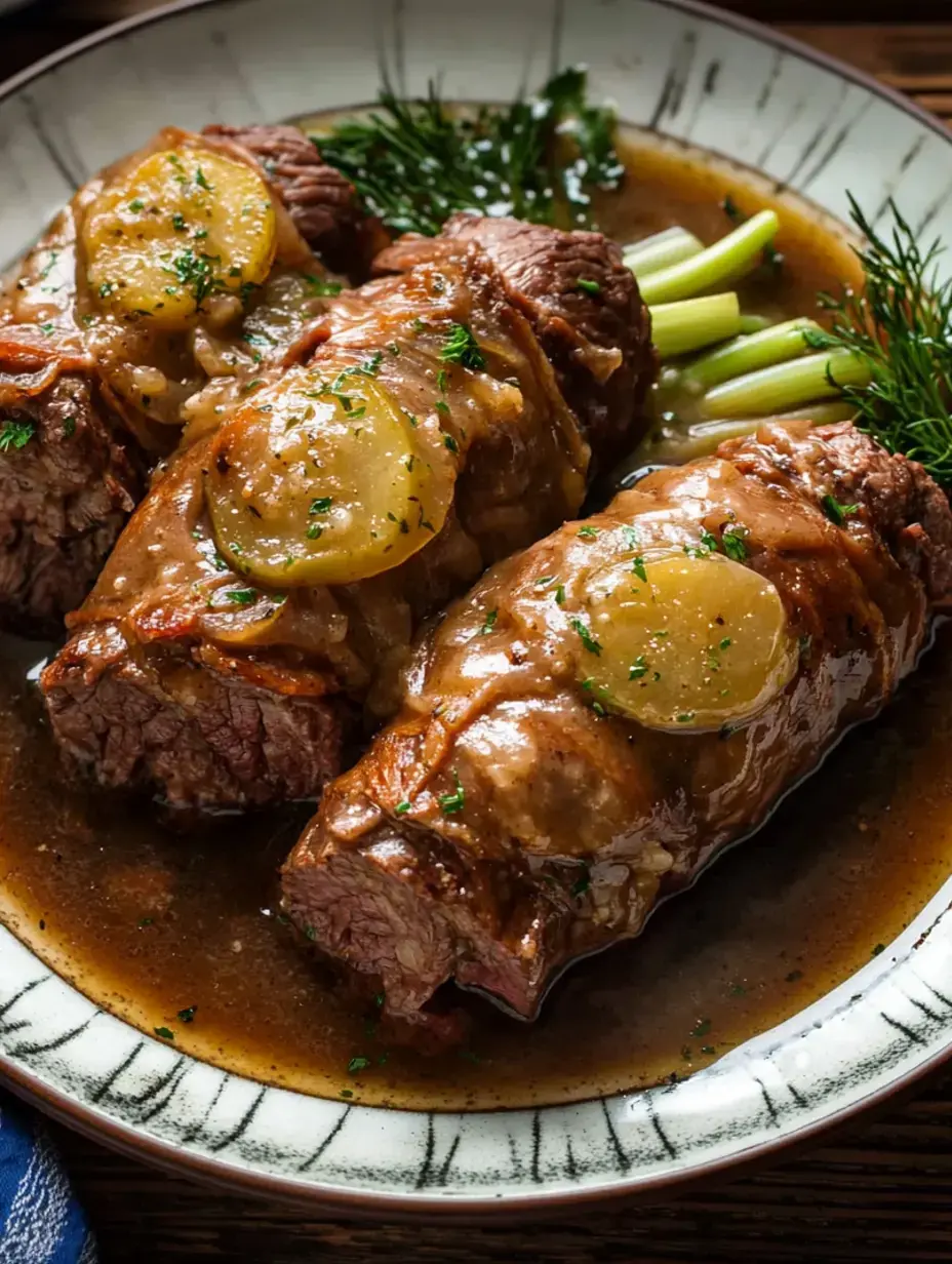 A close-up view of three servings of beef rolls topped with sliced lemons and herbs, sitting in a rich gravy on a decorative plate.