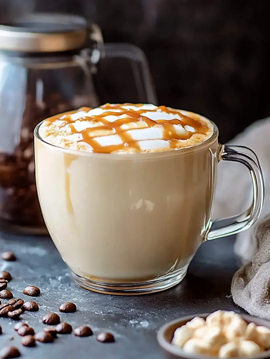 A close-up of a latte topped with whipped cream and a drizzle of caramel, placed beside coffee beans and popcorn.