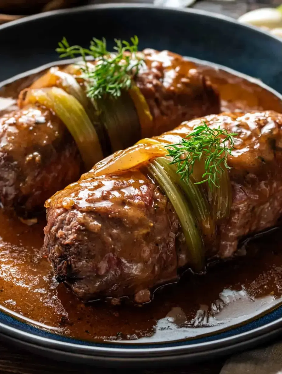 A close-up of two meatloaf portions topped with a rich sauce and garnished with green herbs, served in a dark bowl.