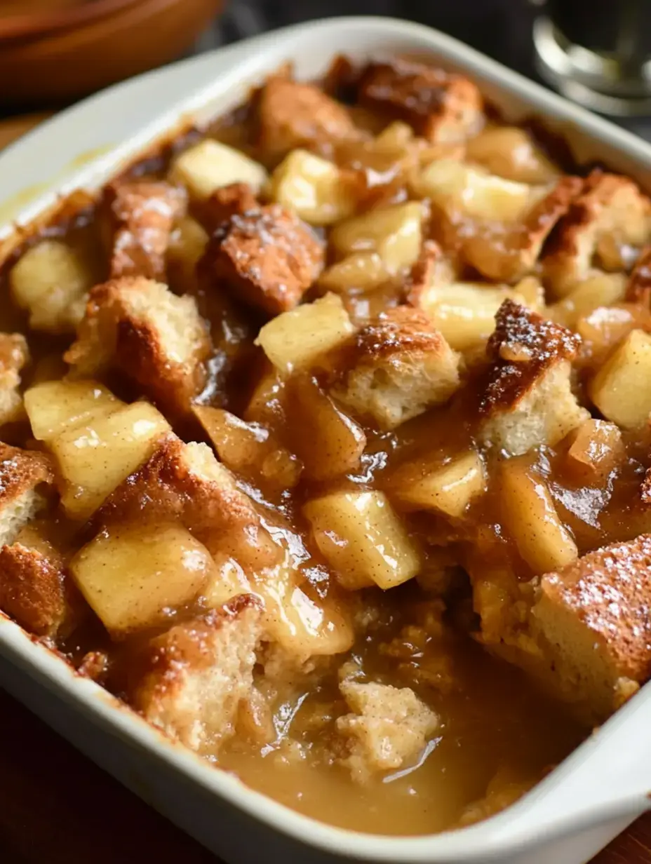 A close-up image of a warm, baked apple bread pudding with chunks of apple and a glossy caramel sauce.