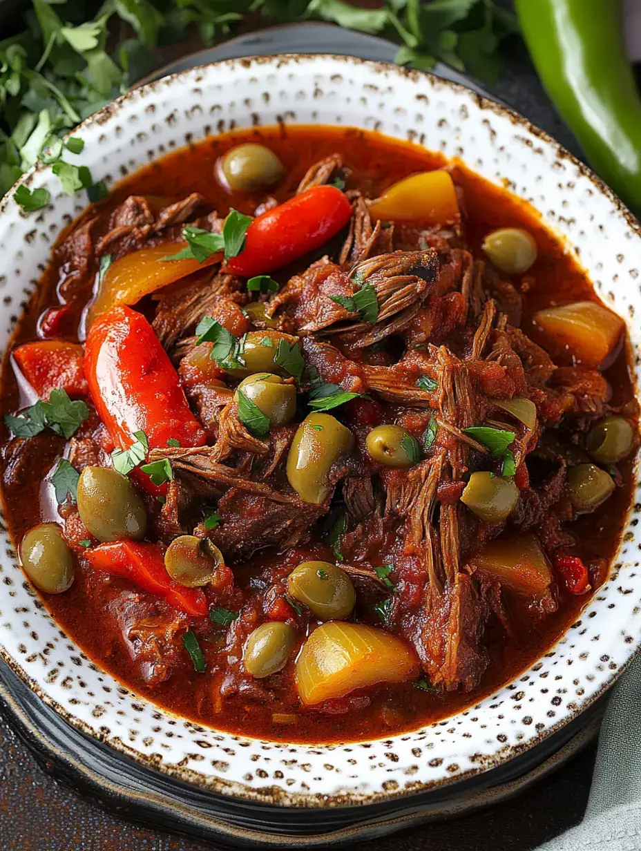 A bowl of shredded beef stew garnished with cilantro, featuring red and yellow bell peppers, green olives, and a rich tomato sauce.