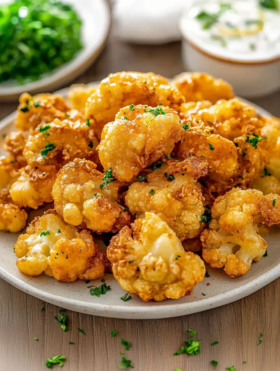 A plate of golden-brown, crispy fried cauliflower florets garnished with parsley, served alongside a small bowl of sauce and fresh greens in the background.