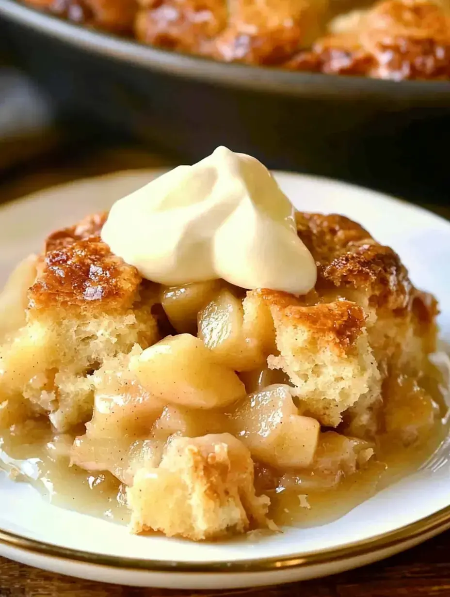 A close-up of a serving of apple cobbler topped with a dollop of whipped cream on a white plate.