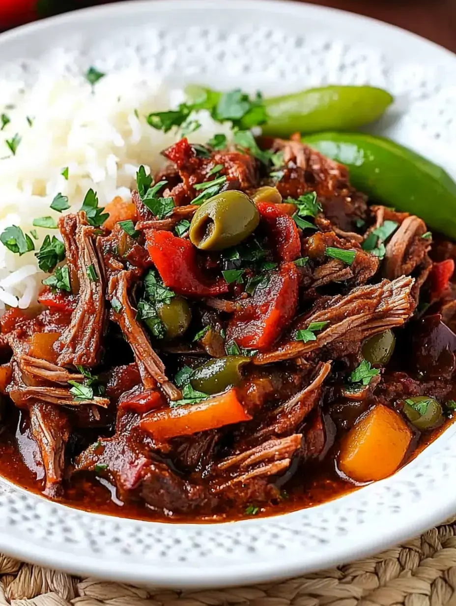 A plate of tender shredded beef cooked in a rich tomato sauce, garnished with green olives and herbs, served alongside fluffy white rice and green peppers.