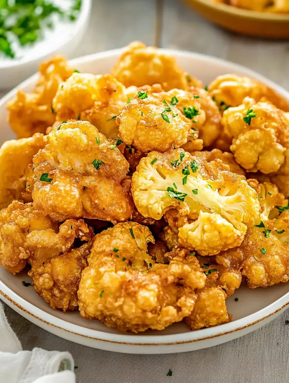 A close-up of a bowl filled with golden-brown, crispy fried cauliflower pieces, garnished with parsley.