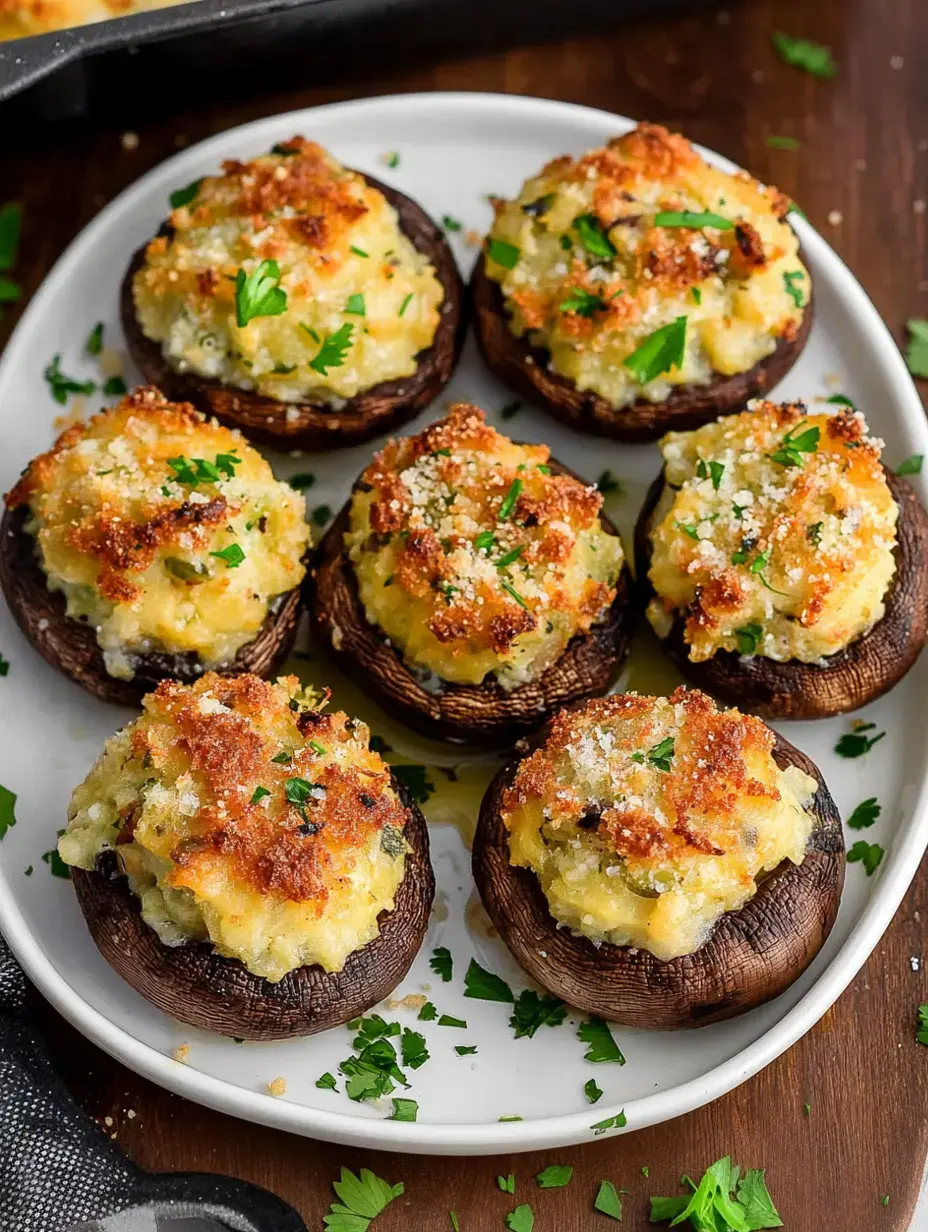 A plate of stuffed mushrooms topped with golden breadcrumbs and garnished with parsley.