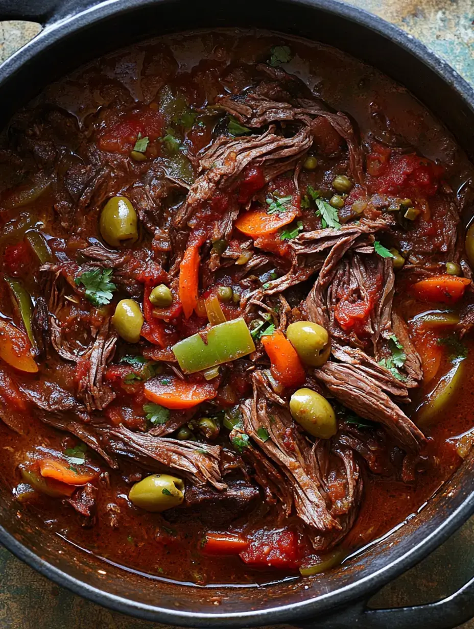 A close-up view of a savory beef stew with shredded meat, olives, green and red bell peppers, and garnished with fresh cilantro in a black pot.