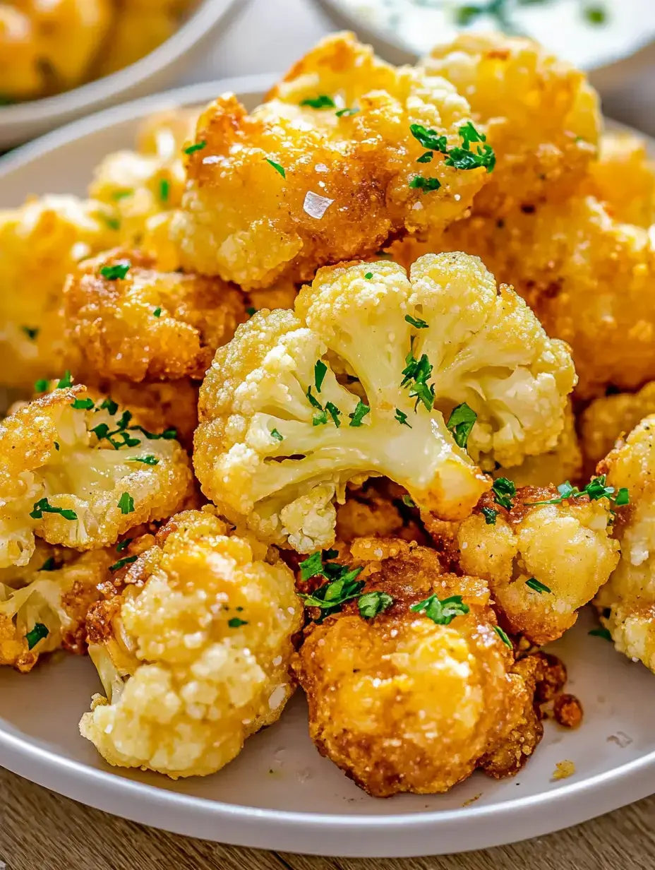 A close-up of golden-brown, crispy fried cauliflower florets garnished with chopped parsley on a plate.