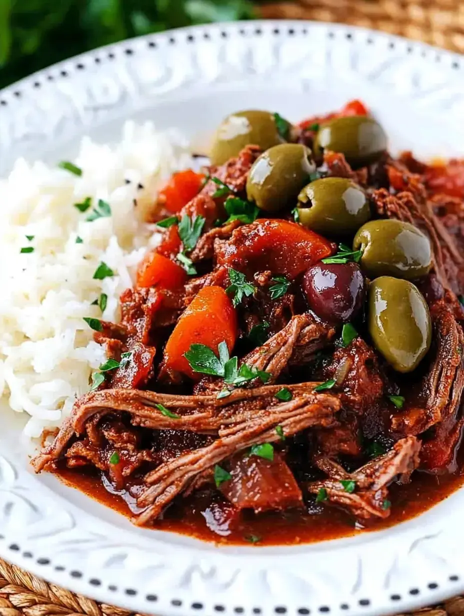 A plate of shredded beef in a rich sauce with carrots, green olives, and herbs, served alongside fluffy white rice.