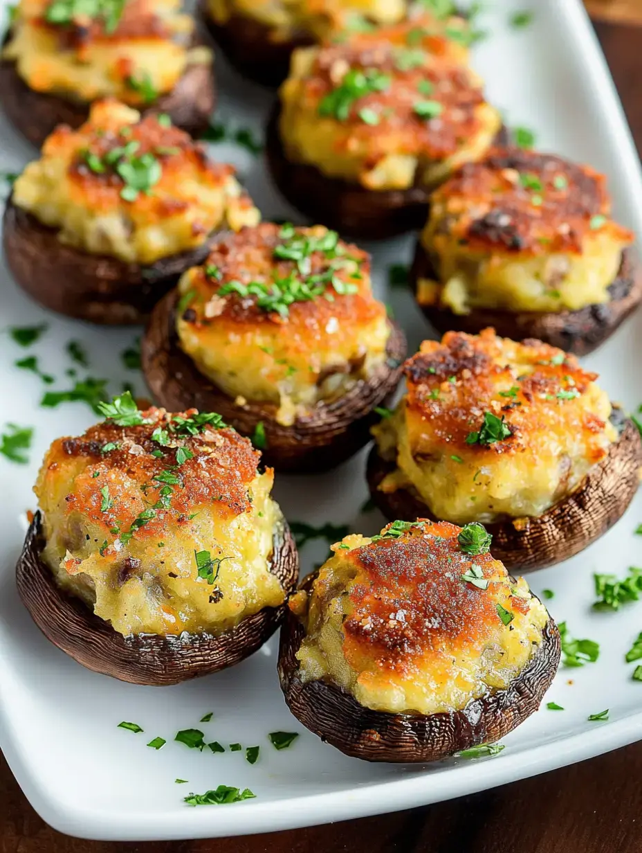 A platter of stuffed mushrooms topped with crispy breadcrumbs and garnished with chopped herbs.