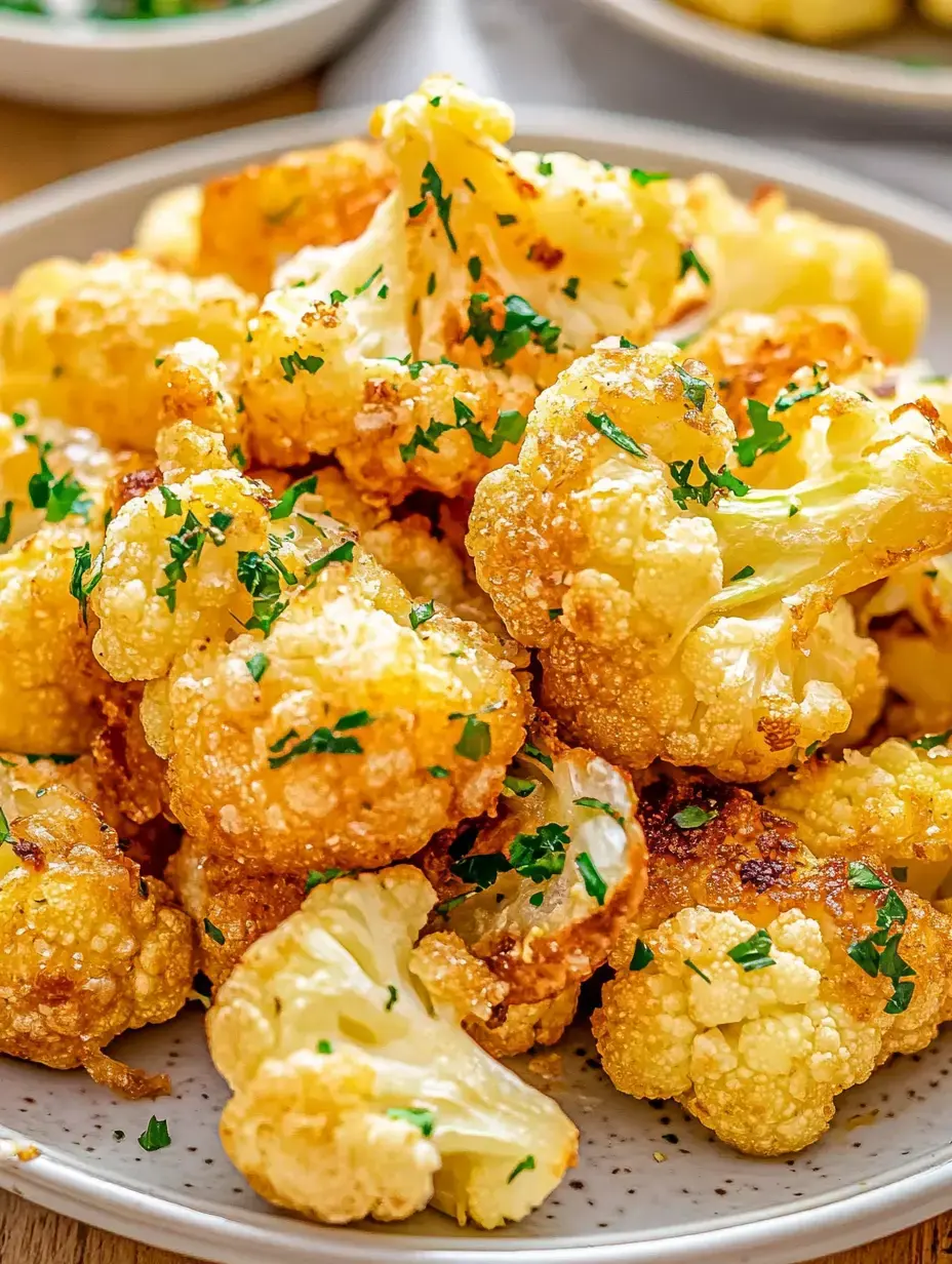 A close-up of golden-brown, crispy cauliflower florets garnished with chopped parsley on a plate.