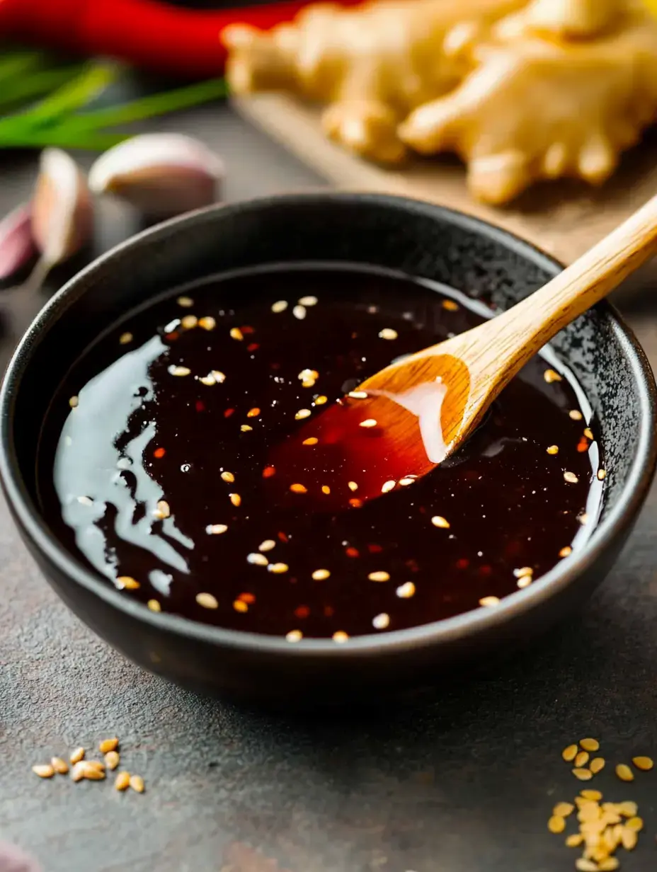 A dark sauce with sesame seeds is in a black bowl, accompanied by garlic cloves and ginger in the background.