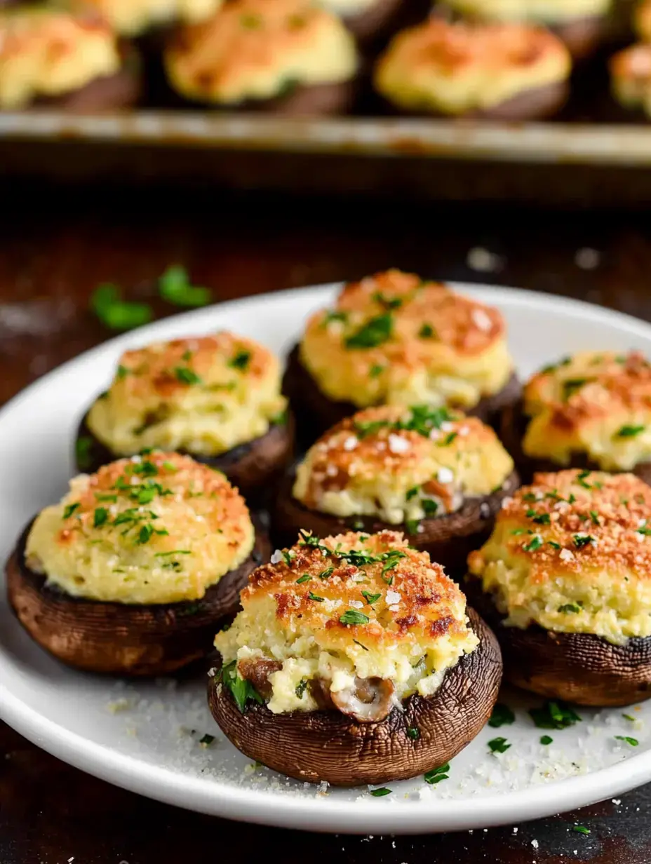 A plate of stuffed mushrooms topped with breadcrumbs and parsley, with more mushrooms in the background.