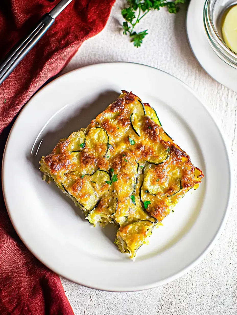 A slice of golden-brown zucchini bake topped with herbs, served on a white plate next to a red napkin.