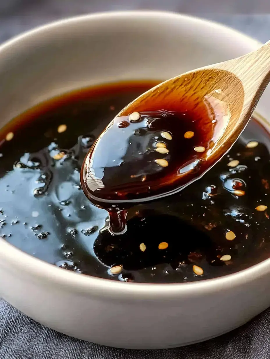 A wooden spoon drips sauce with sesame seeds from a bowl on a dark surface.