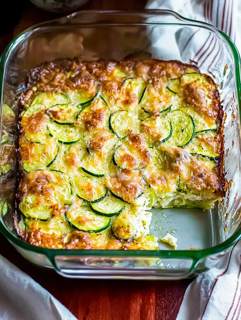 A baked dish featuring layers of zucchini topped with melted cheese in a glass baking dish.