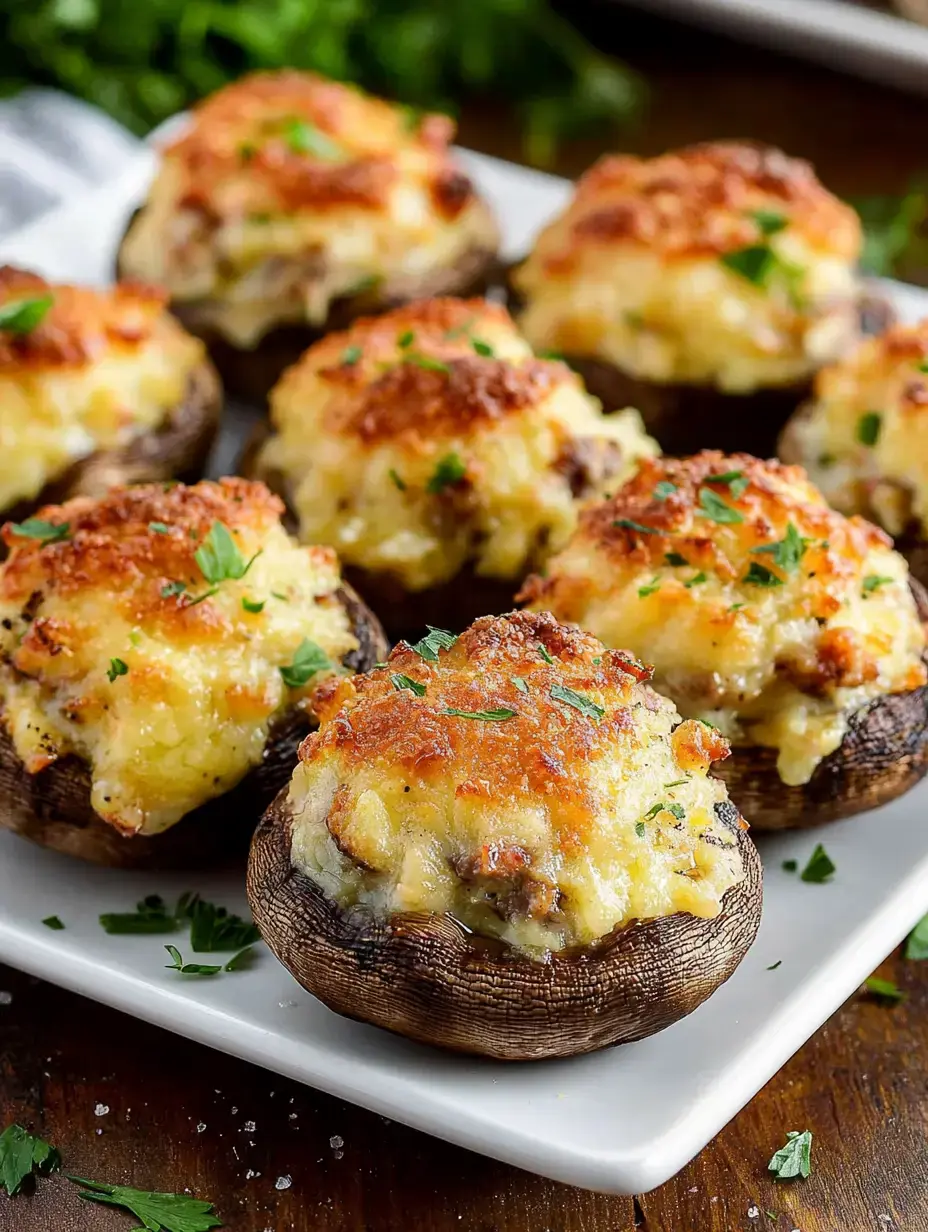 A platter of baked stuffed mushrooms topped with golden cheese and herbs.