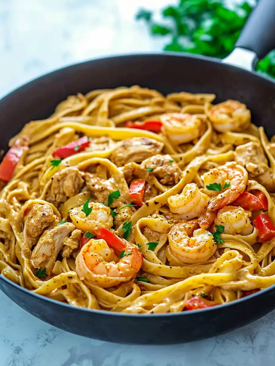 A close-up of a skillet filled with creamy fettuccine pasta, shrimp, and pieces of chicken, garnished with red peppers and parsley.