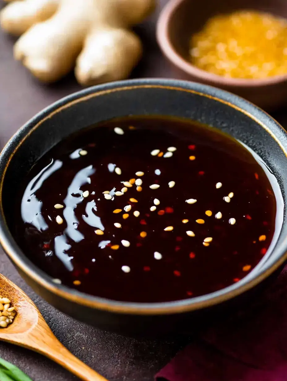 A bowl of dark sauce topped with sesame seeds, accompanied by ginger and a small bowl of golden syrup.