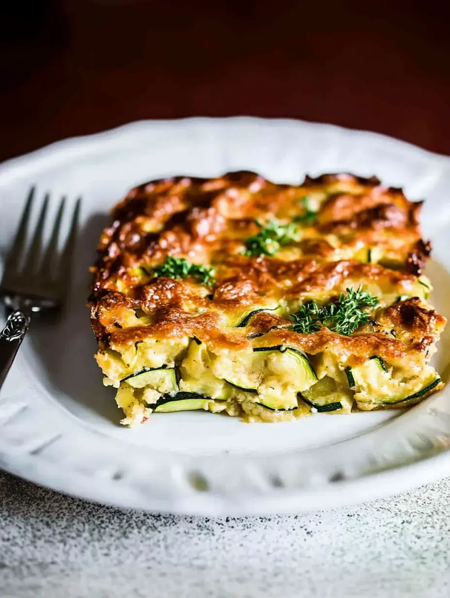 A slice of baked zucchini casserole sits on a decorative white plate, garnished with herbs, alongside a fork.