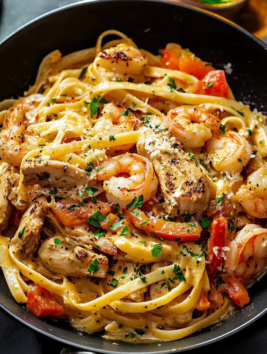 A close-up of a bowl of fettuccine pasta mixed with shrimp, chicken, and bell peppers, garnished with parsley and grated cheese.