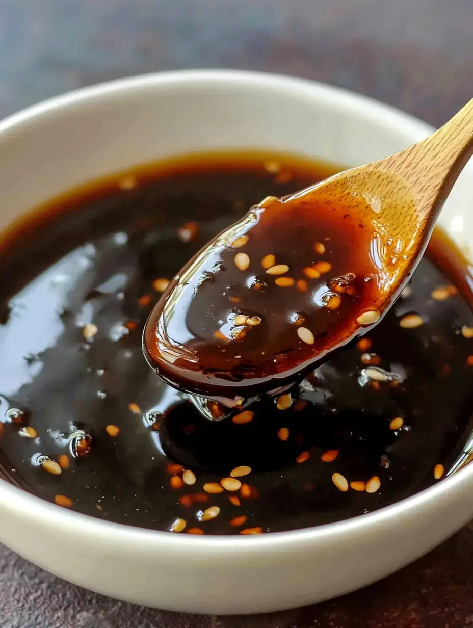 A wooden spoon is dipped into a small bowl filled with a dark, glossy sauce sprinkled with sesame seeds.