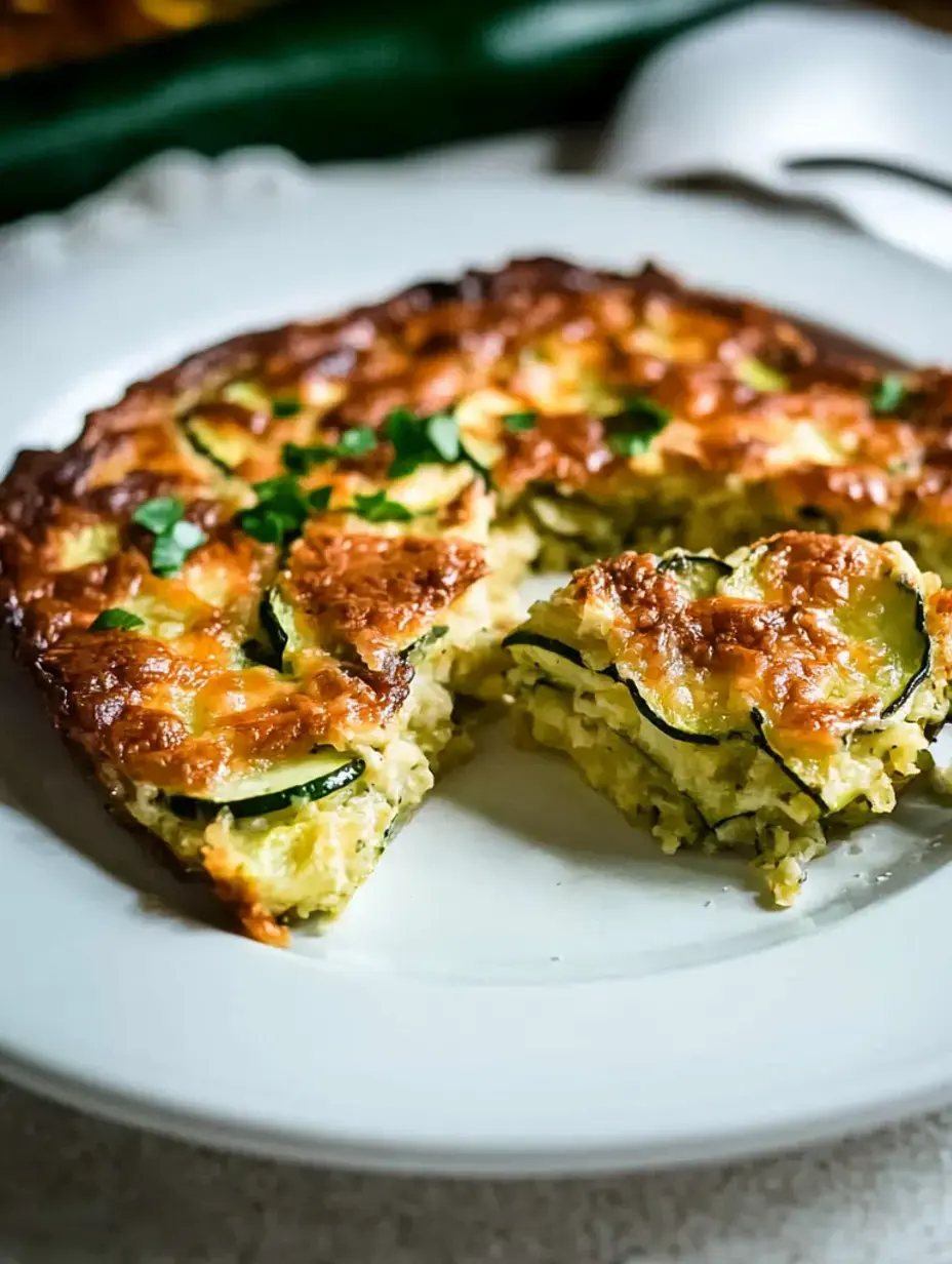 A slice of zucchini frittata topped with fresh parsley, served on a white plate.