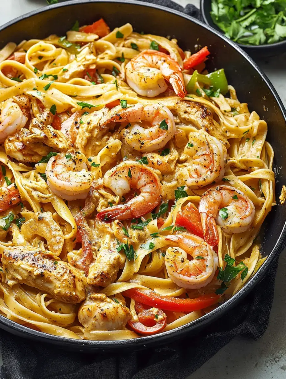 A creamy shrimp and chicken fettuccine dish garnished with parsley and mixed bell peppers in a black skillet.