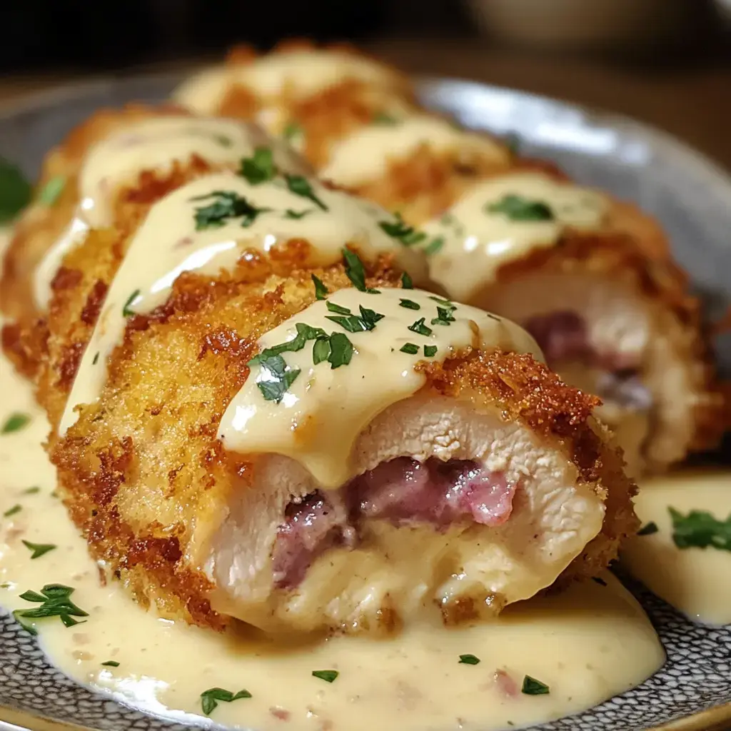 A close-up of breaded chicken rolls drizzled with a creamy sauce and garnished with parsley.