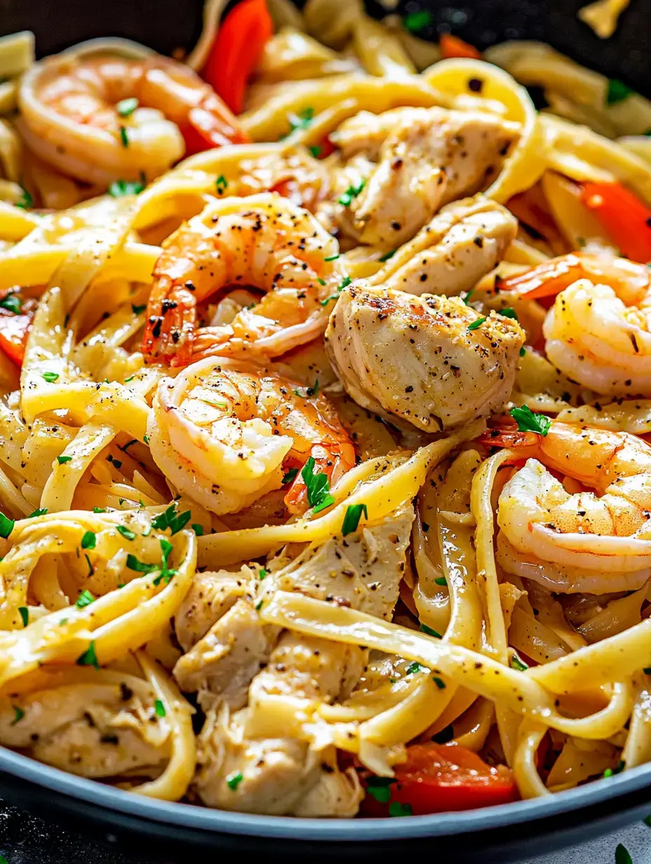 A close-up view of a delicious pasta dish featuring fettuccine, shrimp, and chicken, garnished with herbs and red peppers.