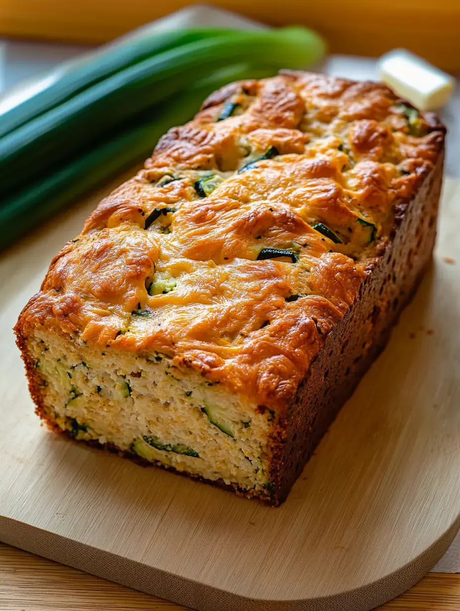 A freshly baked zucchini bread sits on a wooden cutting board, with green onions and a pat of butter in the background.