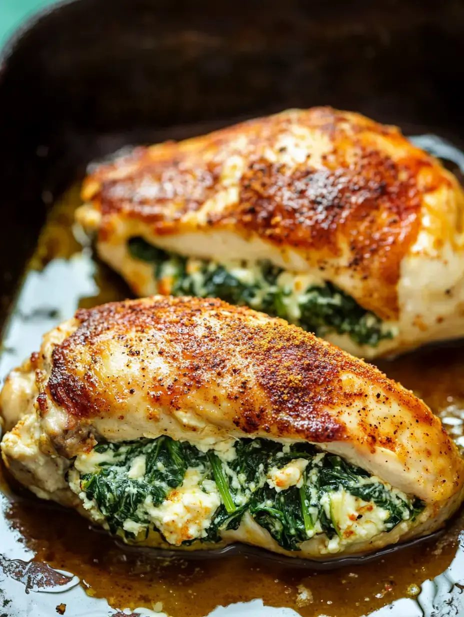 Two stuffed chicken breasts filled with spinach and cheese, sitting in a dark baking dish with a savory glaze.