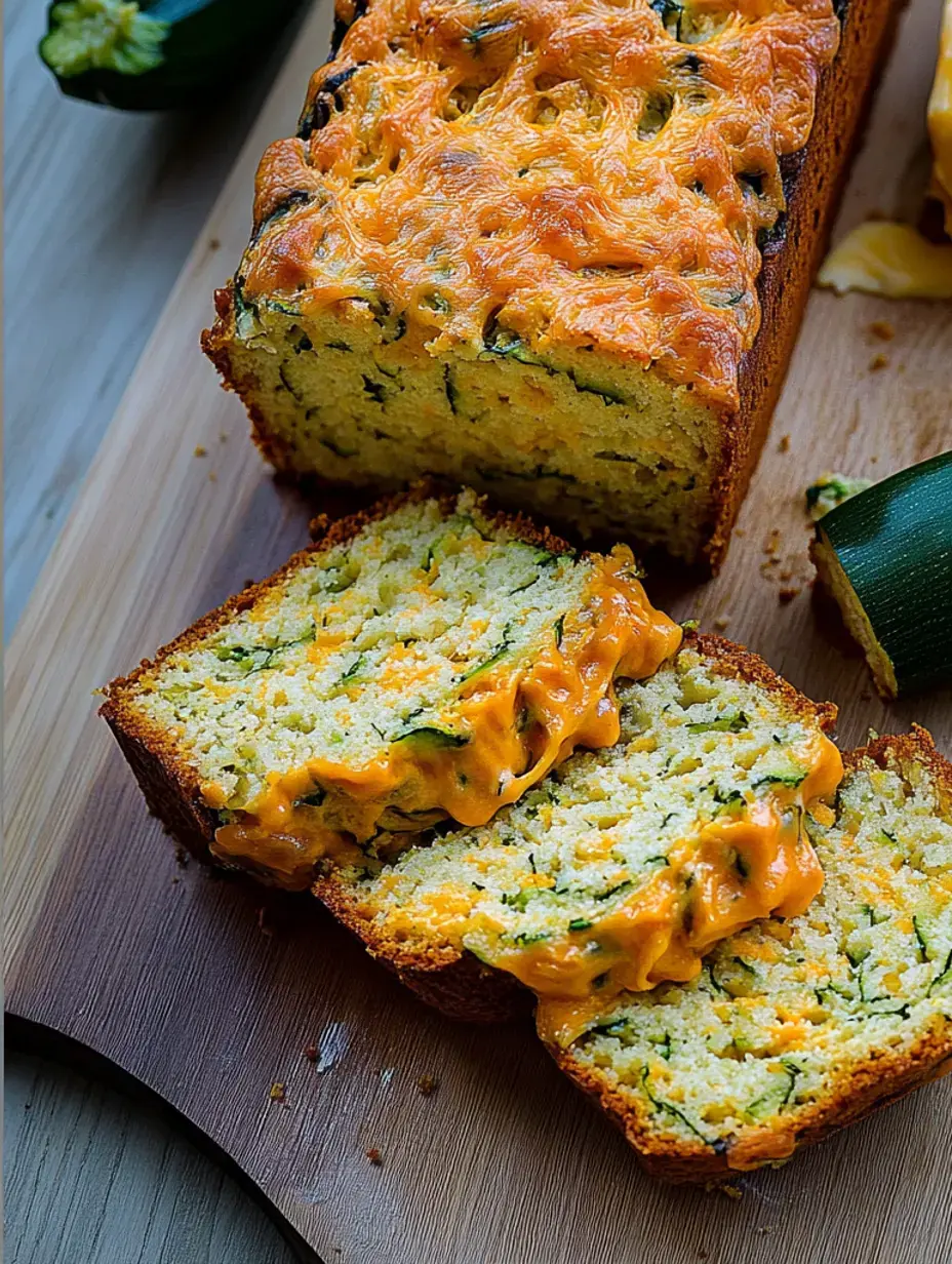 A freshly baked zucchini loaf with melted cheese on top and a slice cut to reveal its moist interior, displayed on a wooden cutting board.