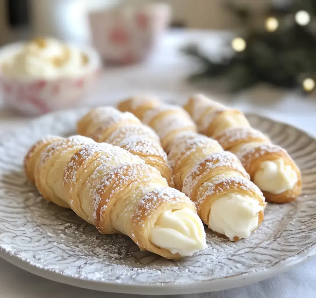 A plate of cream-filled pastry tubes dusted with powdered sugar.